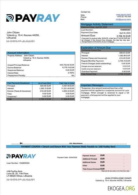 Modèle Word et PDF de relevé hypothécaire de la Lituanie UAB PayRay Bank